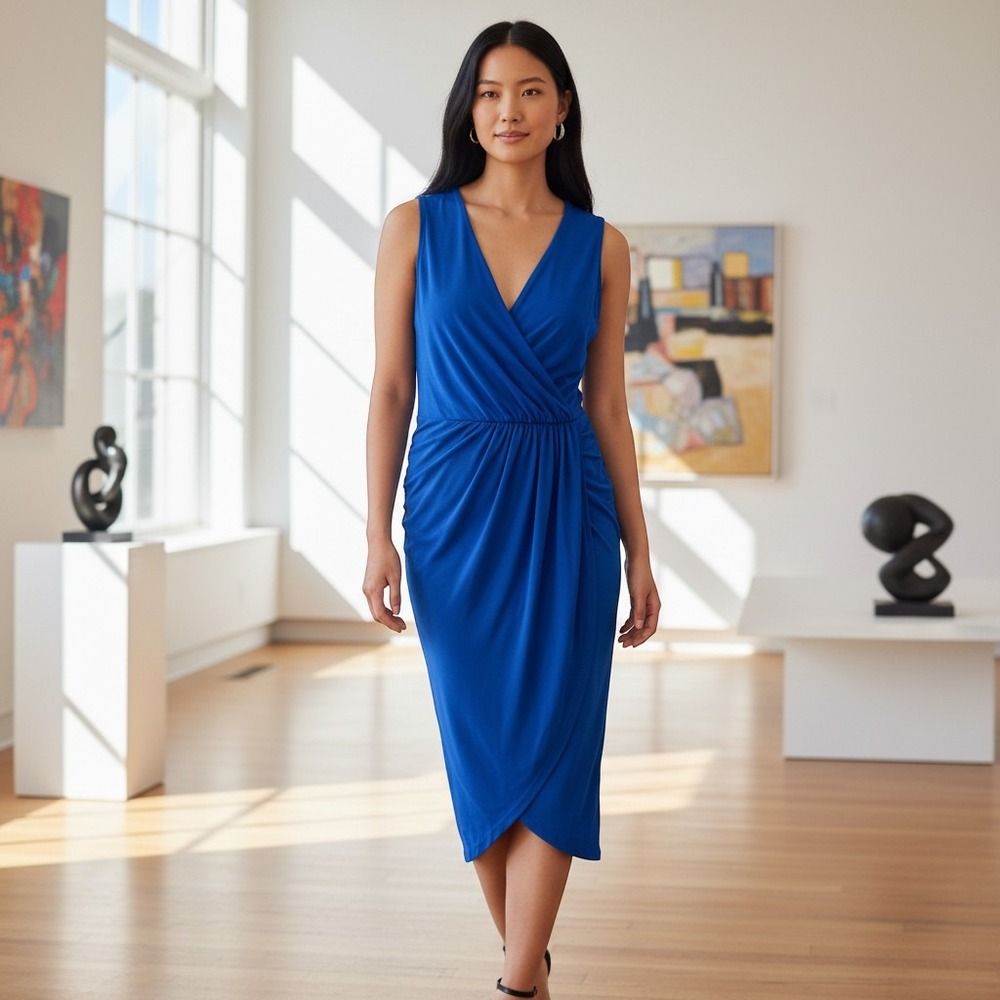 Chaps Faux Wrap Dress‎ Large Royal Blue Excellent Ruched Surplice V-Neck Sheath